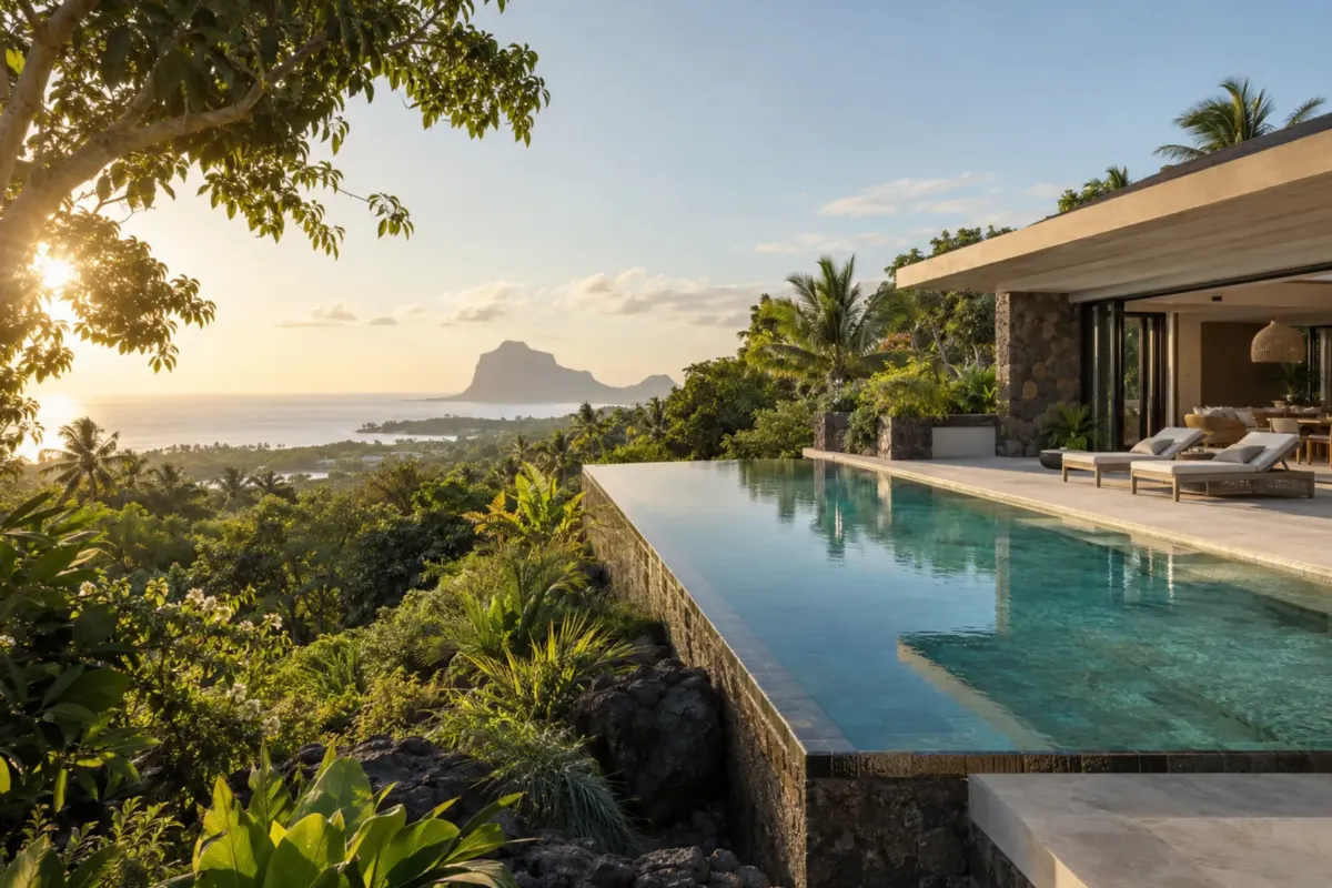 Villa contemporaine à Maurice, ouverte sur sa piscine et la mer au coucher du soleil